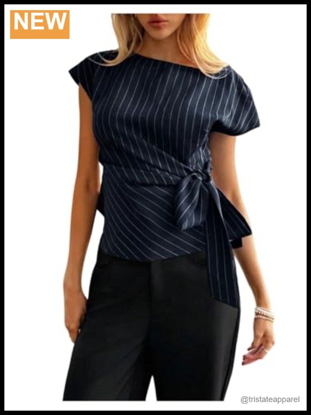 Striped Cap Sleeve Blouse Bow Belt Ruched Crew Neck Work Office Dressy Top